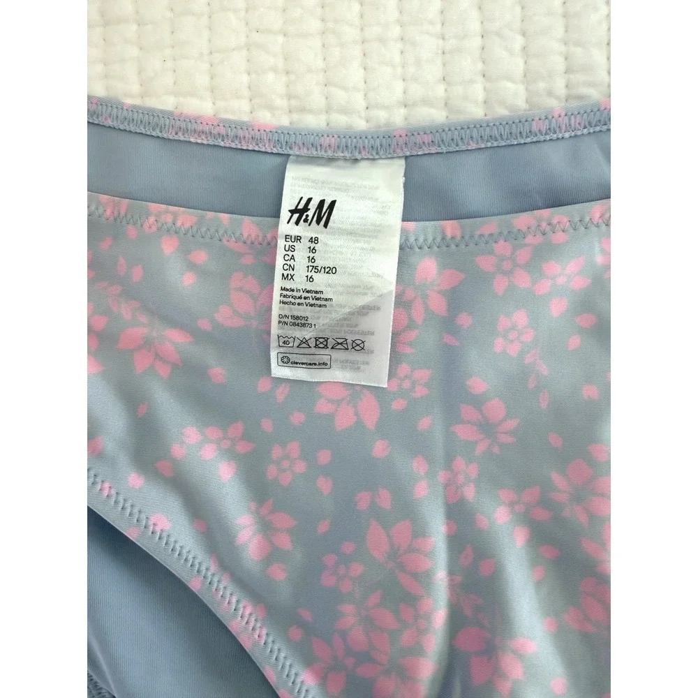 HM Pink Floral Ruffle Bikini Set Blue High Waist Two Piece Swimsuit Womens 16